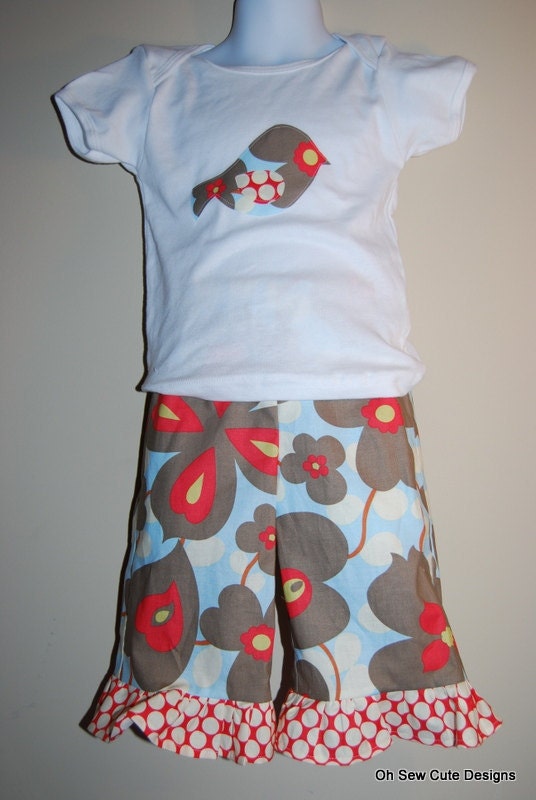 Cute Morning Glory and Red Moon Dot Ruffles with Matching Birdie Tee Sizes 6month-6 years