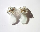 White Sea glass clip on earrings gold and silver