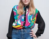 vintage psychedelic blouse / sheer black sleeves / M