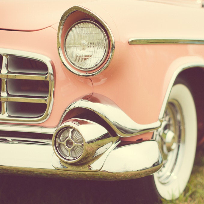 Vintage Pink Car Photograph, Mid Century, Classic Hollywood, Grapefruit, Pastel, Spring - Traveling in Style