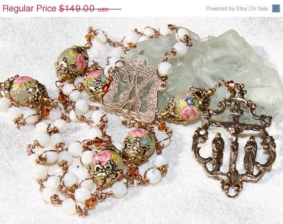 ON SALE White Rosary Catholic Wire Wrap Bronze Unbreakable Mother of Pearl by HeartFelt Rosaries