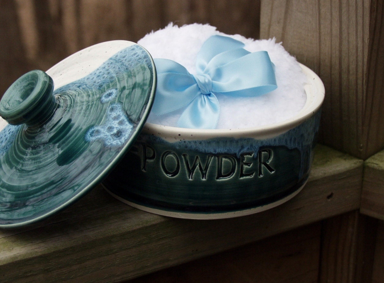 Pottery Covered Loose Powder Jar with Powder Puff Ready to ship