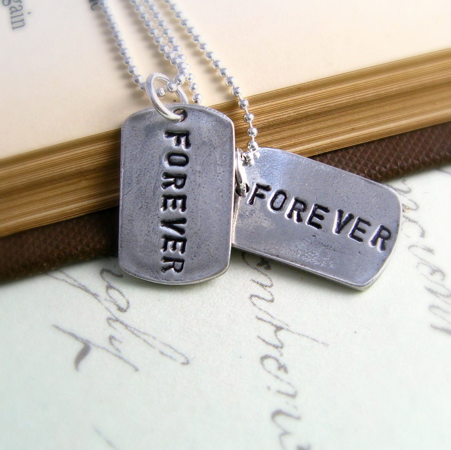 Forever Silver Dogtag Dog Tag Wedding Gift Necklace Set of Two Handstamped Fine Silver Necklaces Spring Wedding Necklaces