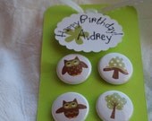 Set of 4,  Owl, 1 inch pins or magnets, cards, Set of 4, HAPPY BIRTHDAY, buttons, pinback button,  favor by TLGBUTTONS on Etsy