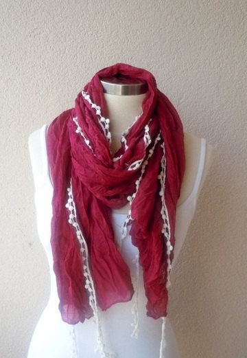 Ecru&Claret Red Scarf With Lacy,2012 Fashion,Traditional, The Latest Fashion,Best Gift for all special day