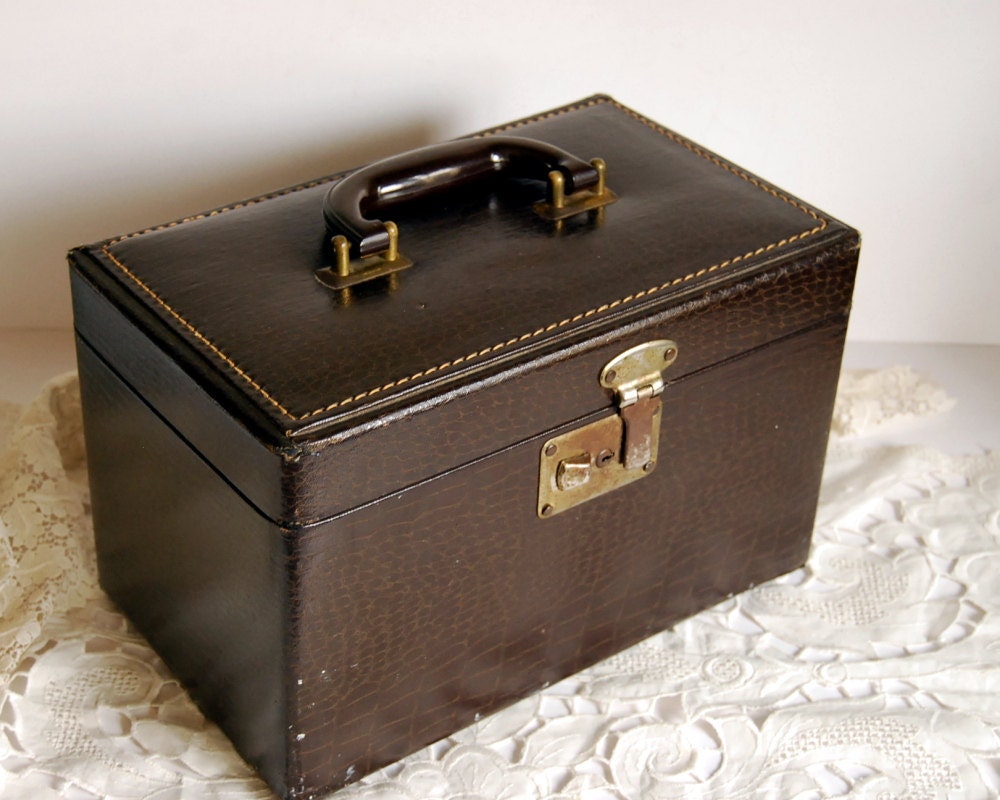 Vintage Luggage Mock Croc Train Case Faux Alligator Suitcase