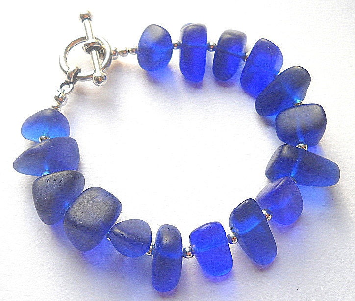 Cobalt Blue Glass Nugget Bracelet - made from Recycled Glass and Sterling Silver