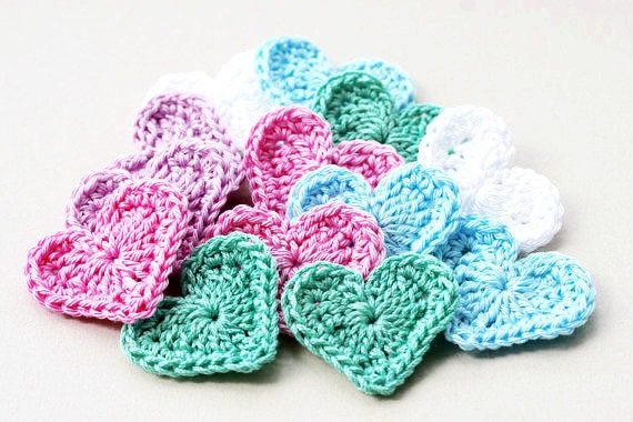 Crochet heart 15 appliques in pastel colors scrapbooking embellishment trim spring easter