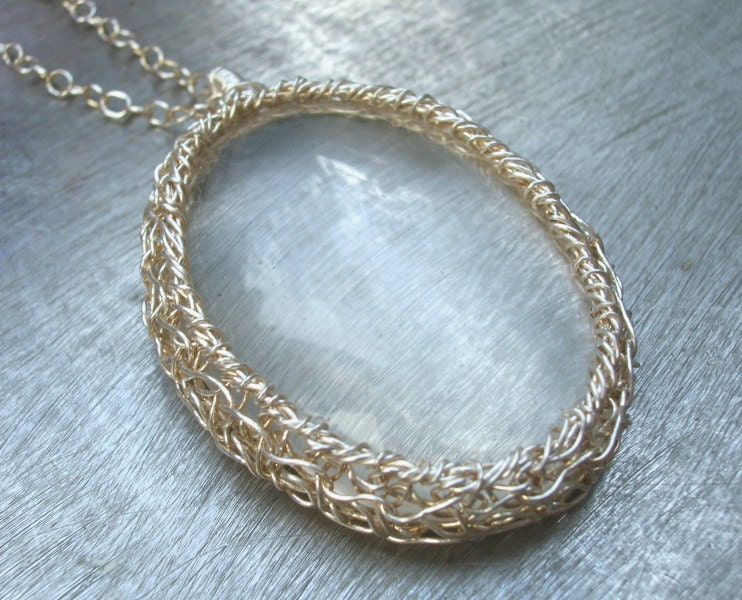 Clear Quartz Necklace Fine Silver Wire Crochet Pendant