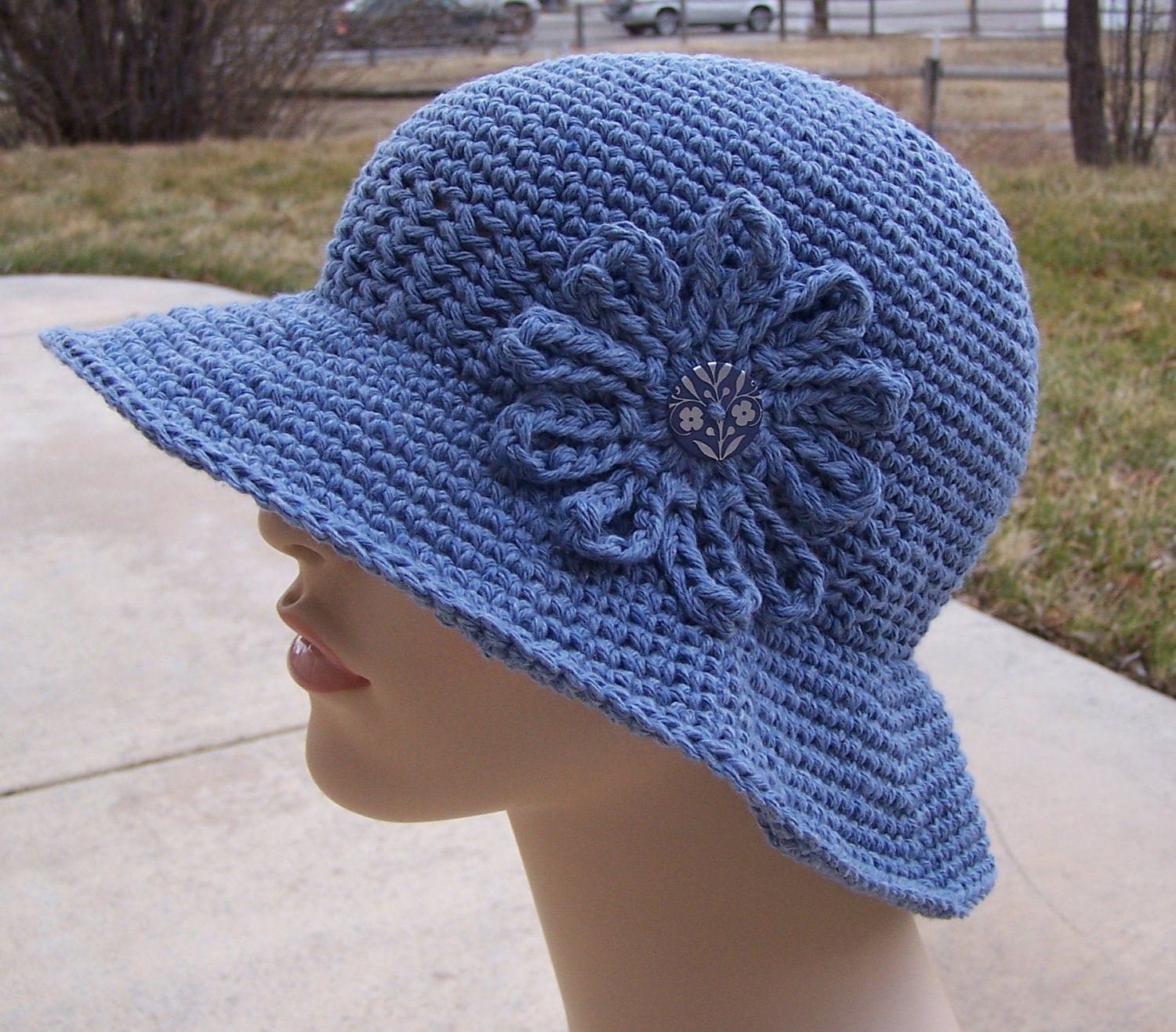 Cotton Crochet Sun Hat in Blue Denim