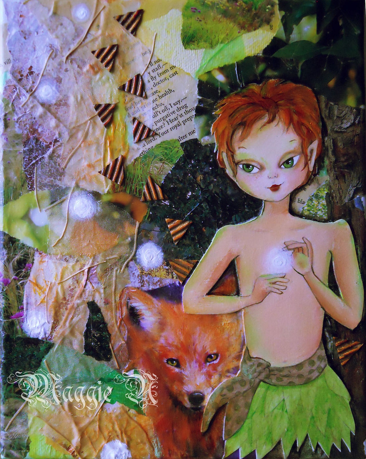 Puck and the Fairy Orbs - Forest, Fox, Collage - Original Mixed Media Art - 8 x 10 Inch Canvas