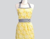 Retro Womens Bib Apron . White Hummingbirds Damask Print  On A Soft Yellow Black and White Houndstooth Trim