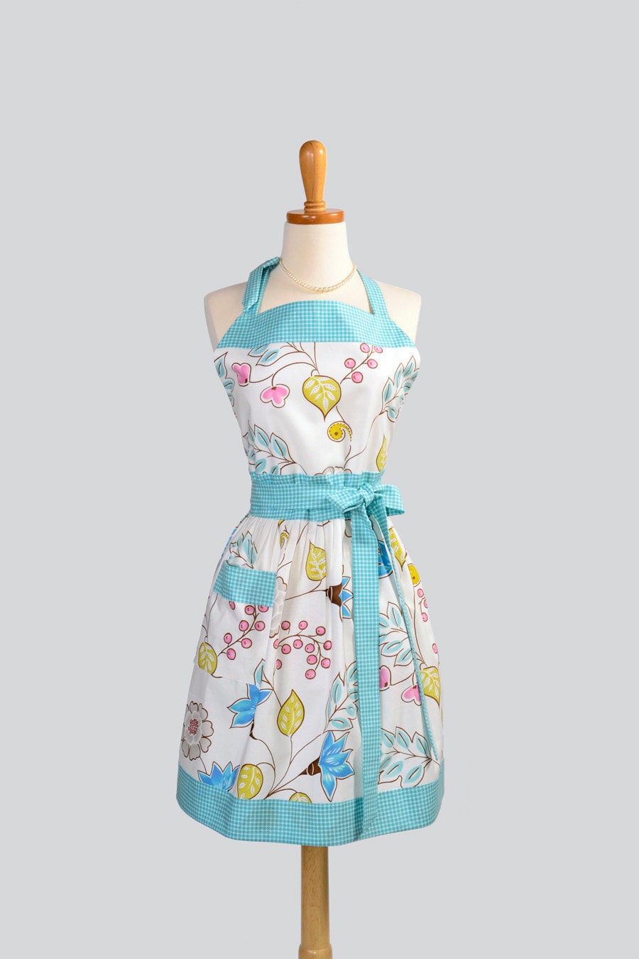 Womens Bib Apron , Classic and Timeless Fitted Waist Gathered Skirt Leanika Vine Ivory Florals