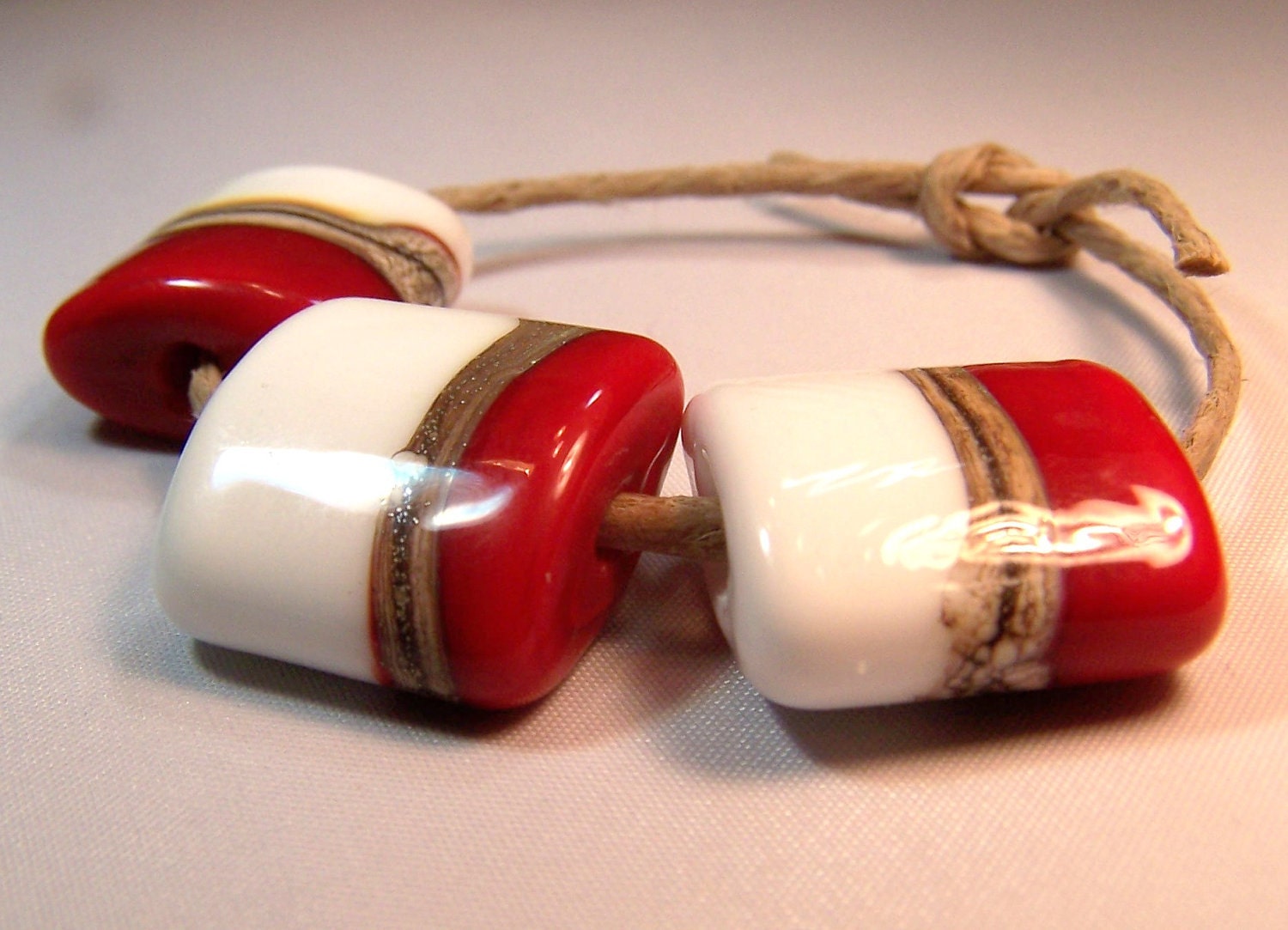 Red and White Handmade Lampwork Glass Beads - Pillow Shaped Lampwork Bead Set