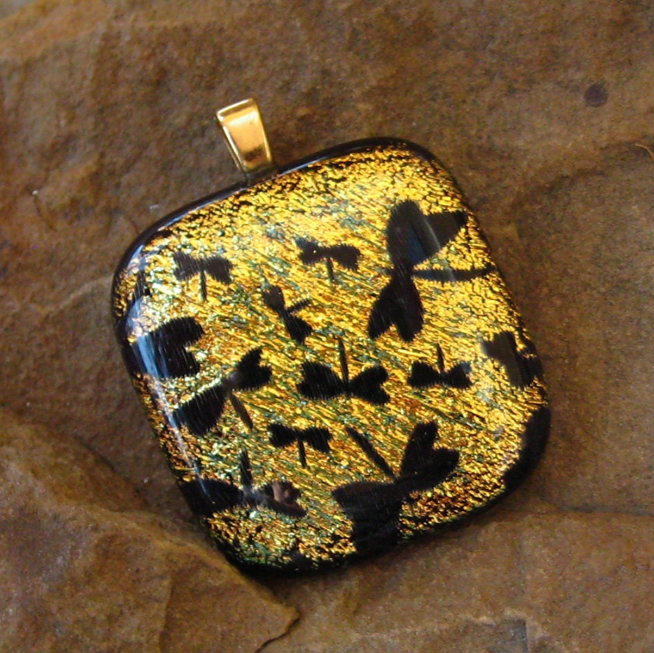 Fused Glass Pendant,  Dichroic Fused Glass Pendant - Golden Dragonflies
