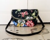 Recycled hip bag, small bag, black floral curtain, one pocket,, night out, adjustable strap