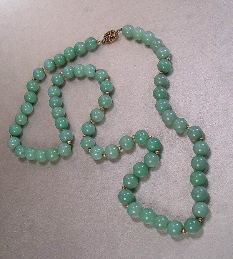 Chinese Jadeite Sterling Silver Necklace Green Jade Long Vintage 1940s Jewelry