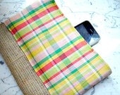 Burlap jute clutch / purse / bag with yellow red green pink cotton plaid fantasy fabric. - VixDesignStudio