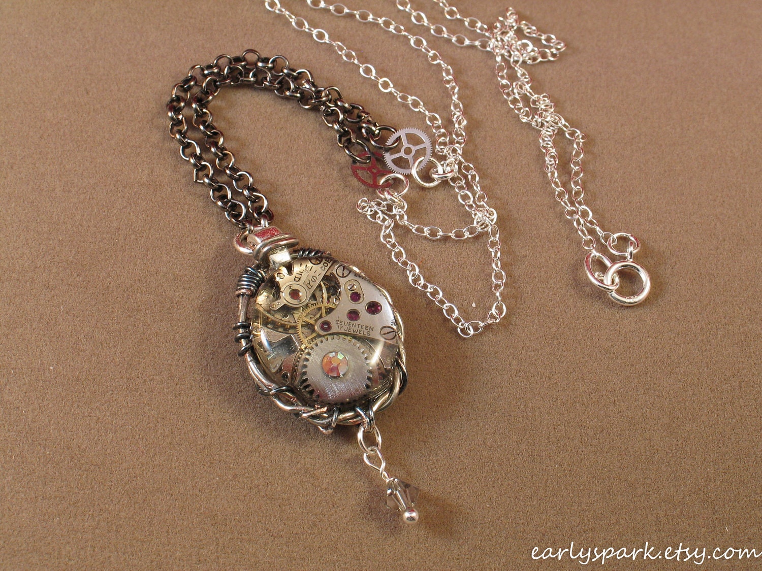 STERLING Silver Steampunk Necklace, Vintage Watch Encased in Resin, Wire Wrapped with Bead,  Gunmetal Coppertronic Pendant