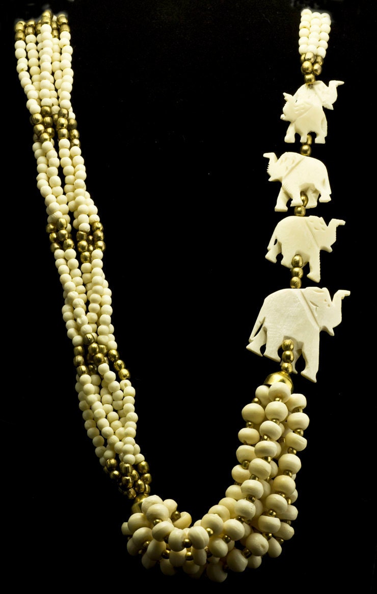 Vintage Carved Bone Necklace and Earrings with Elephants