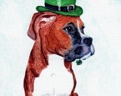 St Patricks Day Card Boxer Puppy 5x7 Art Print Leprechaun Hat Puppy