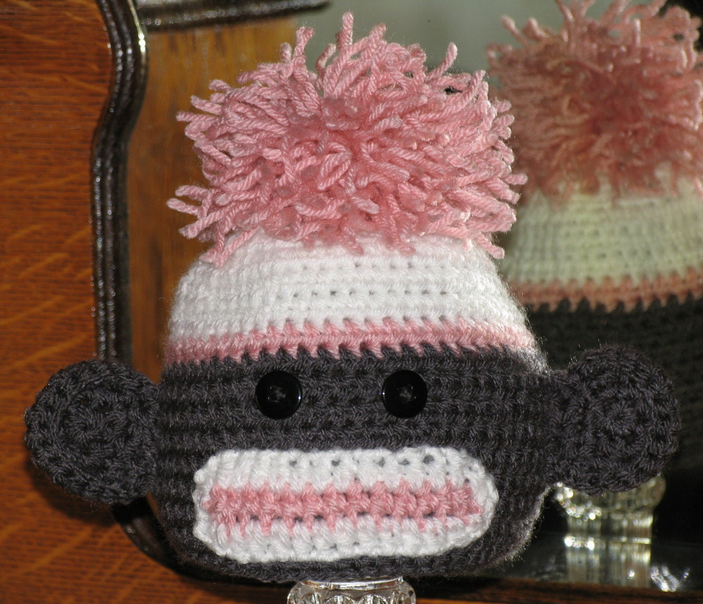 Sock Monkey Hat Fits 12 month to 3 years old child - Hand Crocheted in Pink, White and Grey