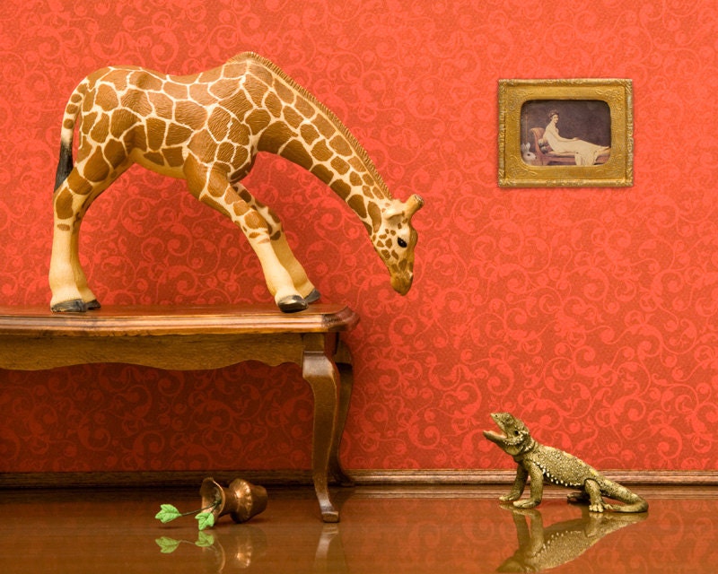 giraffe, lizard, bright red, surreal, diorama, miniatures - Leapin' Giraffes 8 x 10