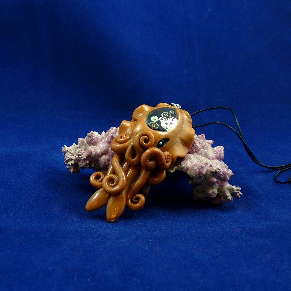 Brass Steampunk Cuttlefish Necklace -  Polymer Clay Neo-Victorian Jewelry
