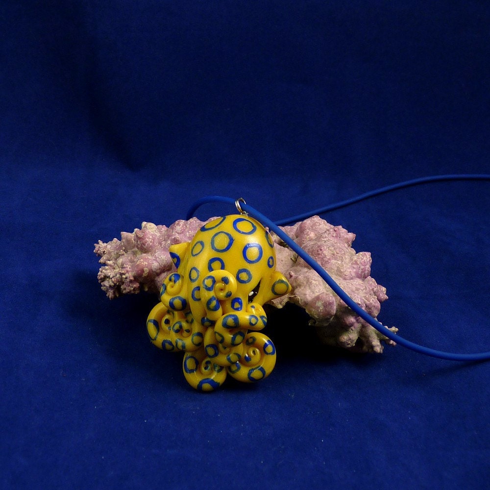 Blue Ringed Octopus Necklace - Yellow & Blue Polymer Clay Cephalopod Jewelry