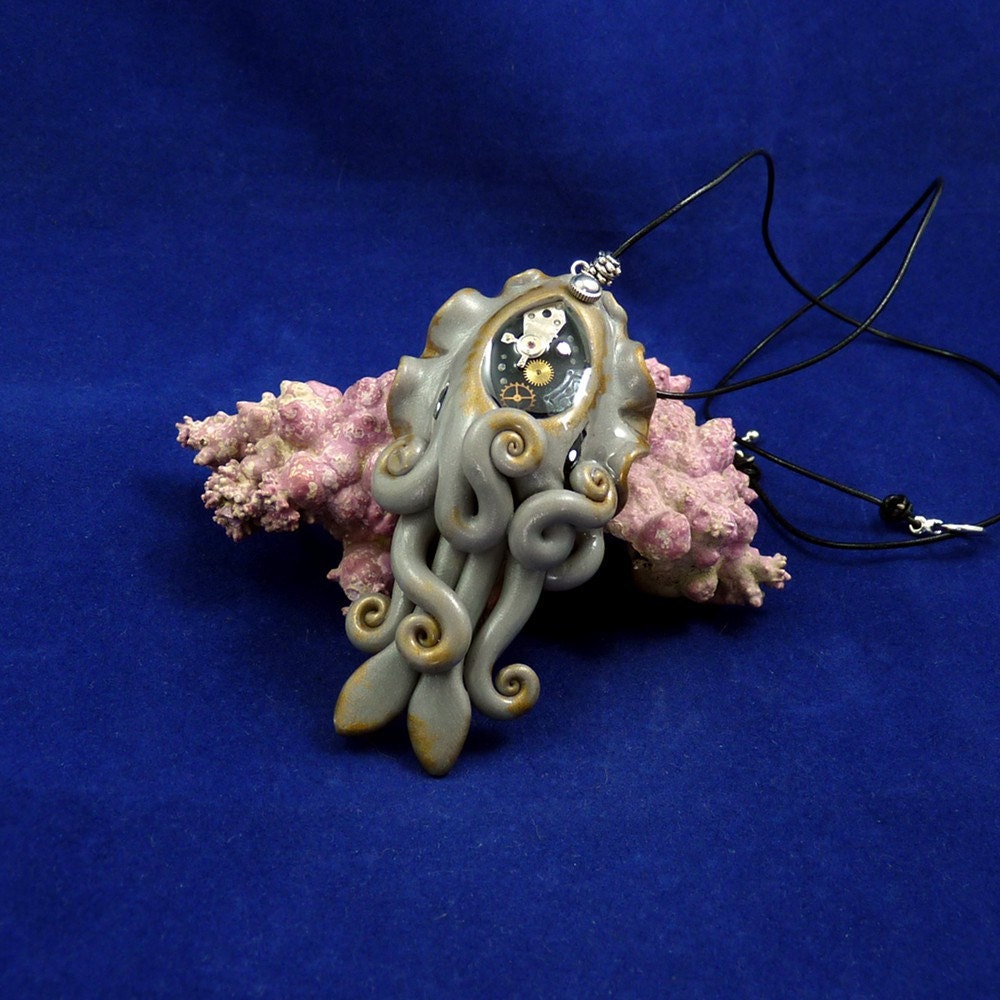Steampunk Cuttlefish Necklace - Polymer Clay Cephalopod Jewelry