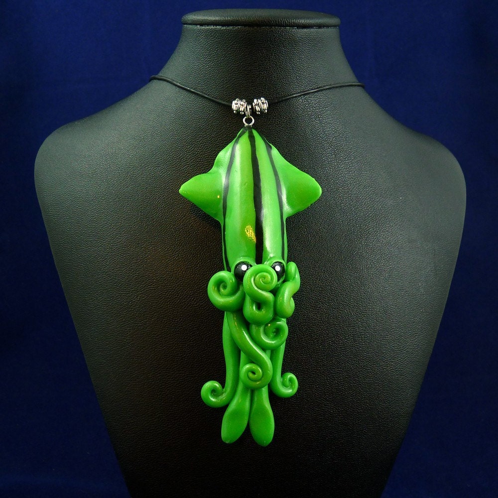 Green Squid Necklace - Handmade Polymer Clay Jewelry