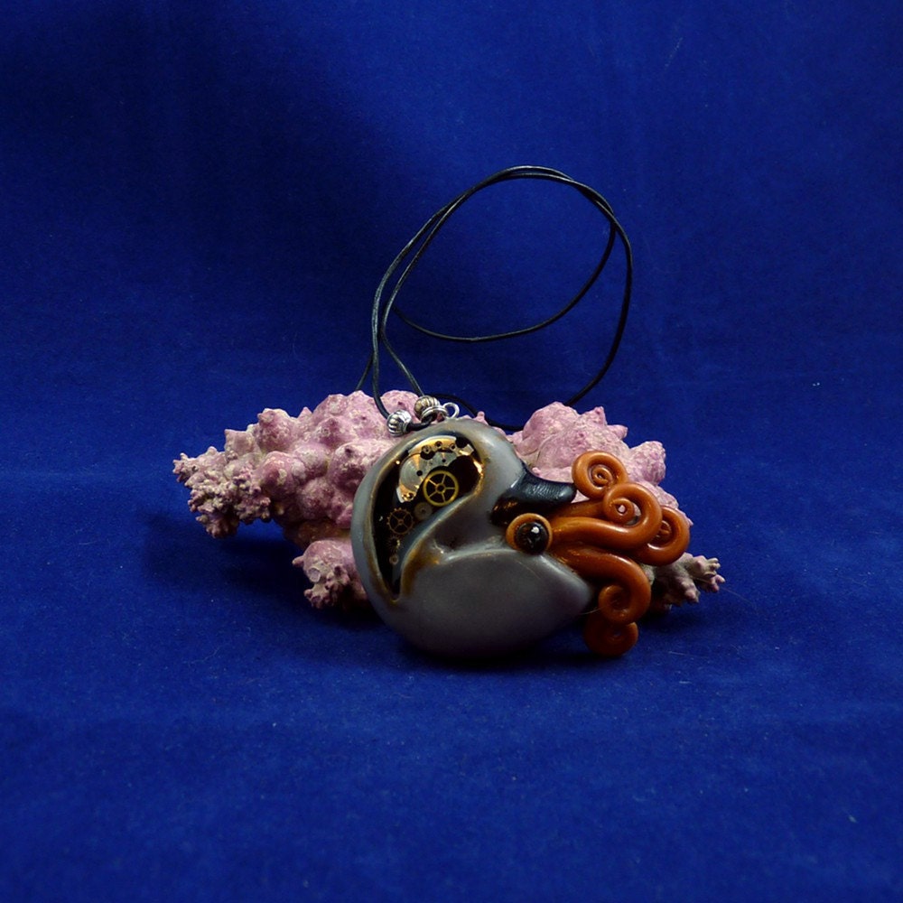 Steampunk Nautilus Necklace - Polymer Clay Neo-Victorian Cephalopod Pendant