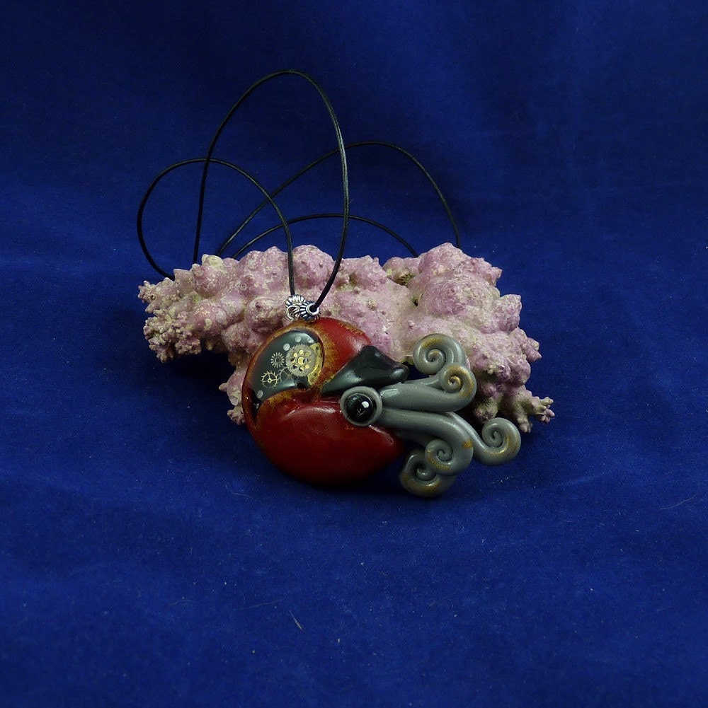 Gilded Steampunk Nautilus Necklace - Polymer Clay Cephalopod Jewelry