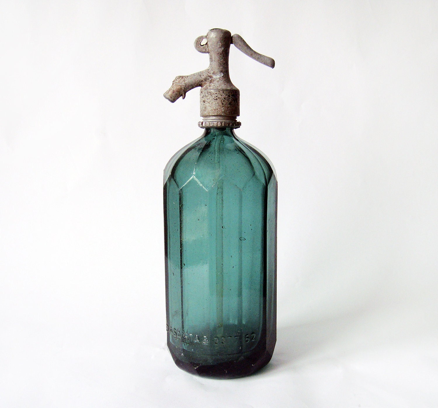 Vintage Dark Green Seltzer Bottle - Romanian vintage bottle with aluminium top - industrial decor