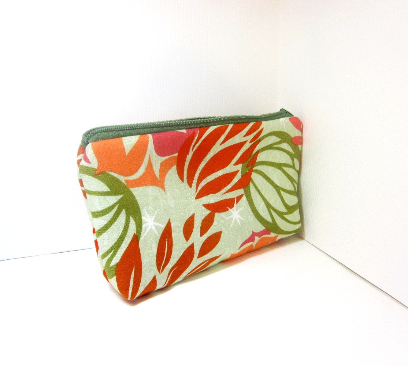 Medium Cotton Cosmetic Pouch - Desert Blooms in Green