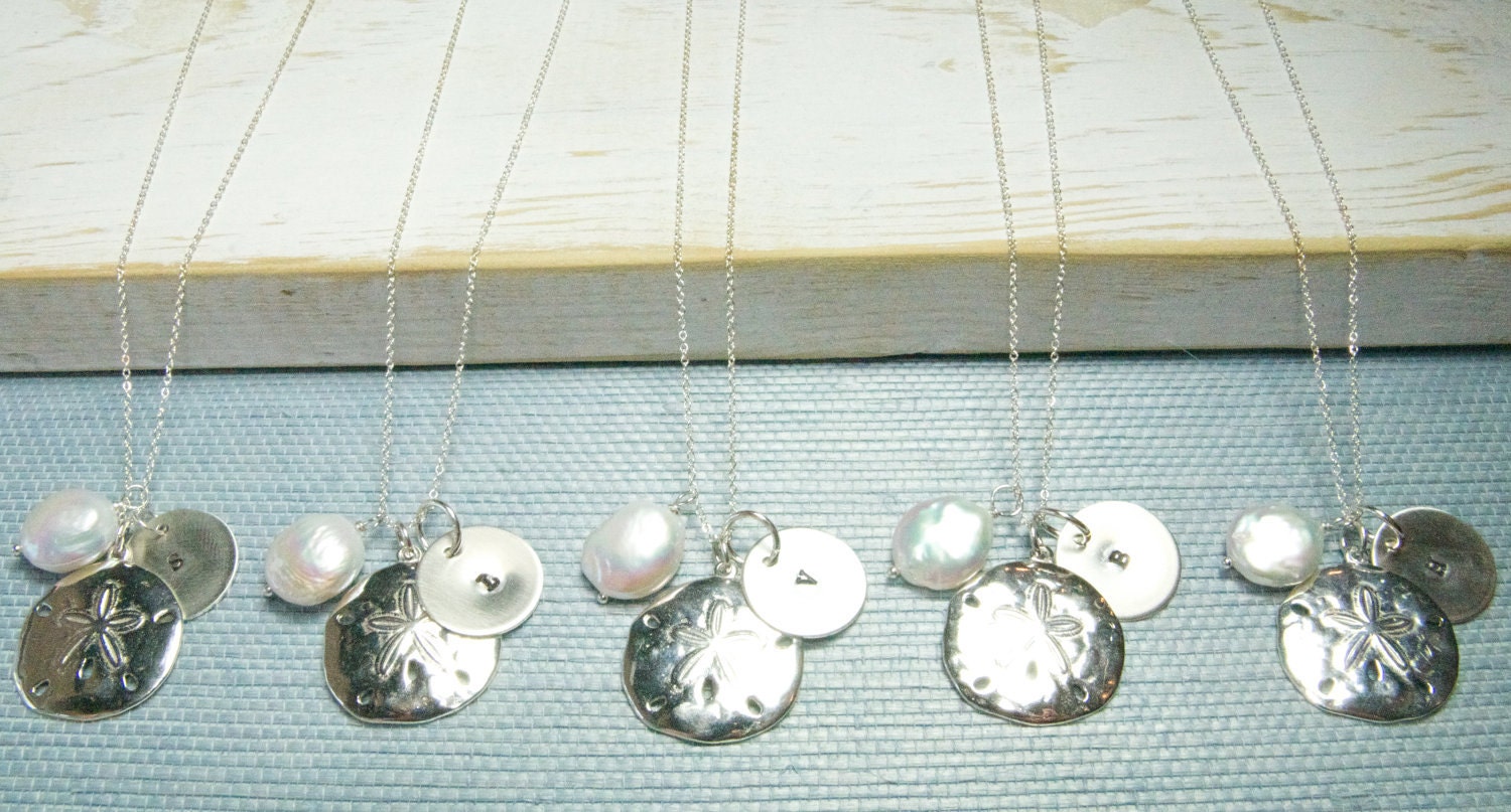 Set of Five Bridesmaid Sand Dollar Personalized Initial Necklace:) Bridesmaid Jewelry Sets