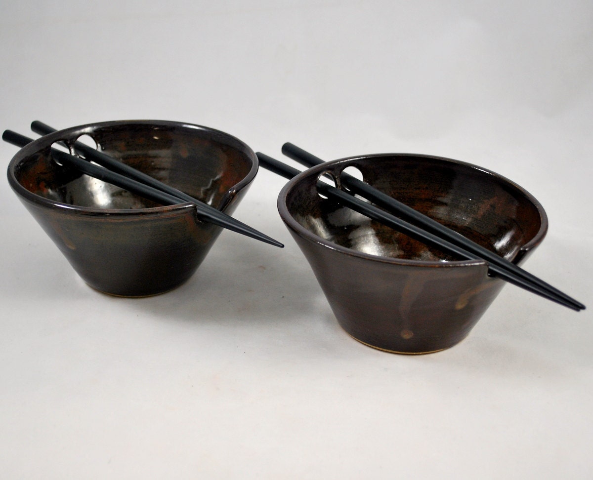 Set of Two Reddish Brown Rice Bowls with Chopstick Rest