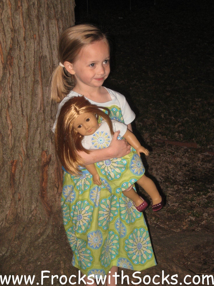 FROCKS with SOCKS 2T thru 8 Blue Geo Bloom Matching Girl and Doll Dresses