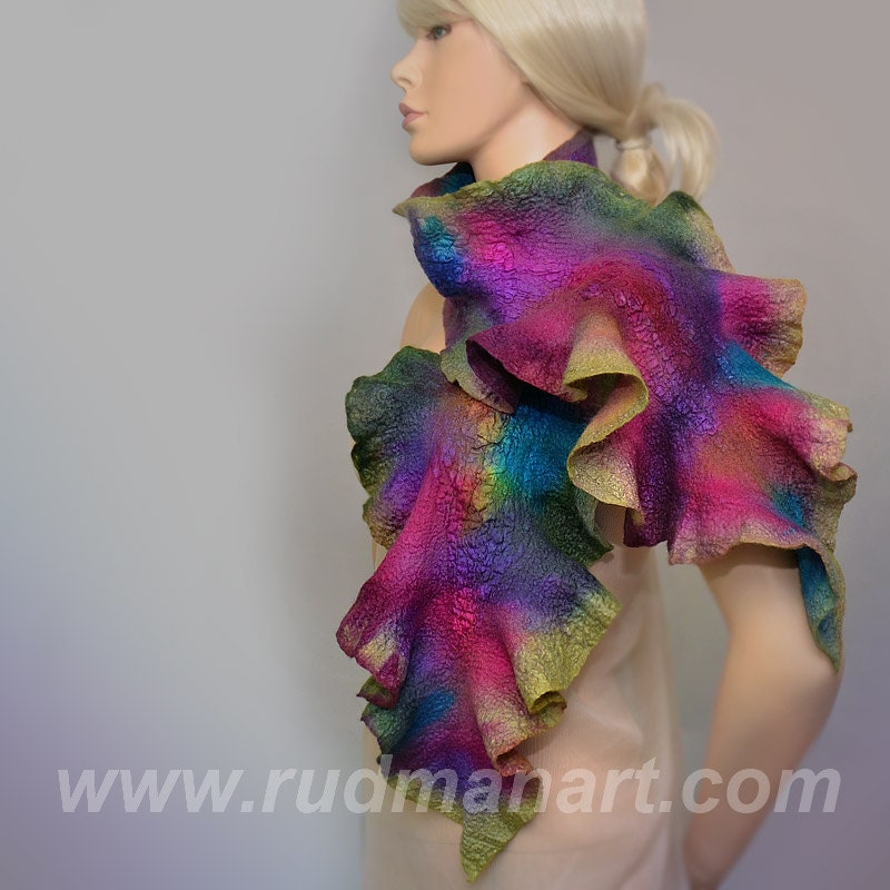 SPRING SALE 20% discount Felted Scarf Wool Silk Art scarf nunofelting Olive Green Purple Magenta Teal
