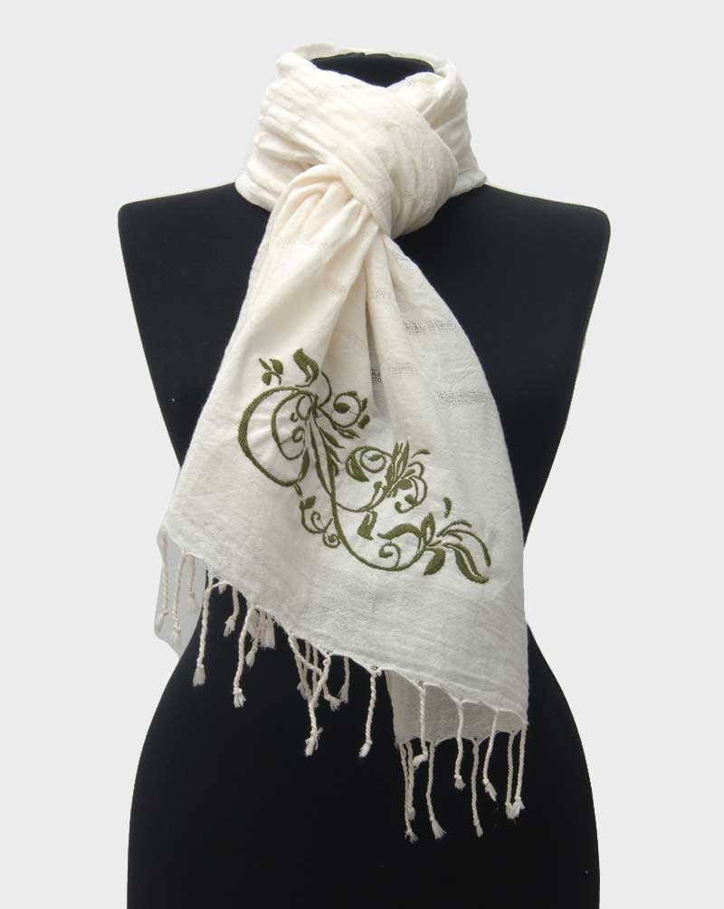 Embroidered Hand woven Cotton Shawl - Oriental Flowery Design with Green Thread