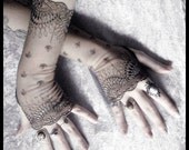 Bianca Long Lace Fingerless Gloves - Grey Olive Embroidered Damask - Gothic Vampire Wedding Fetish Tribal Bellydance Burlesque Goth Bridal