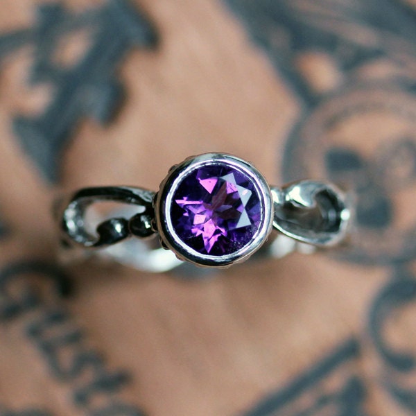 Royal purple amethyst ring, February birthstone, filigree sterling ring, artisan metalsmith, Wrought, size 6.5