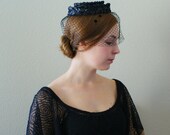 Vintage 1960s Hat --  Black Woven Net Pillbox -- Breakfast with Gigi