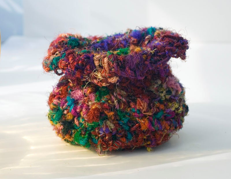 Sari Silk Crochet Vessel, Eco Friendly Recycled Soft Sculpture, Jewel Colors, Hand Crocheted Bowl, Home Decor - beadedwire