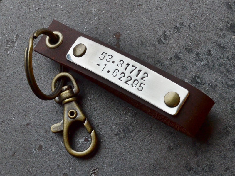 Latitude Longitude Key Chain - Brown Leather - Anniversary Gift, Mens Birthday Gift, Fathers Day, New Dad, Graduation Gift