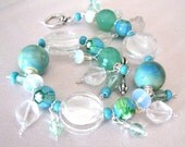 Art Glass Bracelet, Millefiore Beads, Sterling Silver, Aqua Sea and Sky