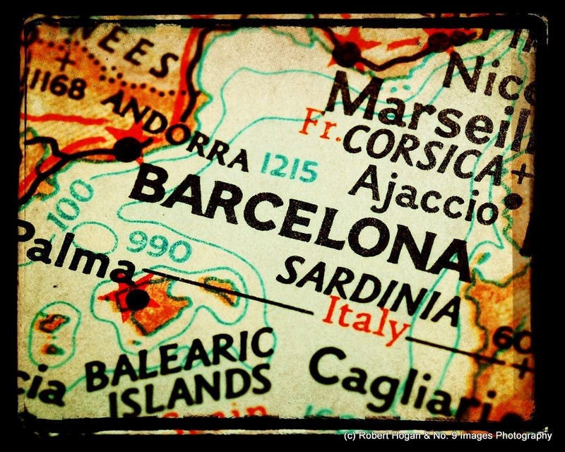 Barcelona Spain woodblock print - See the World Map Art - Travel Photography, Gift Idea