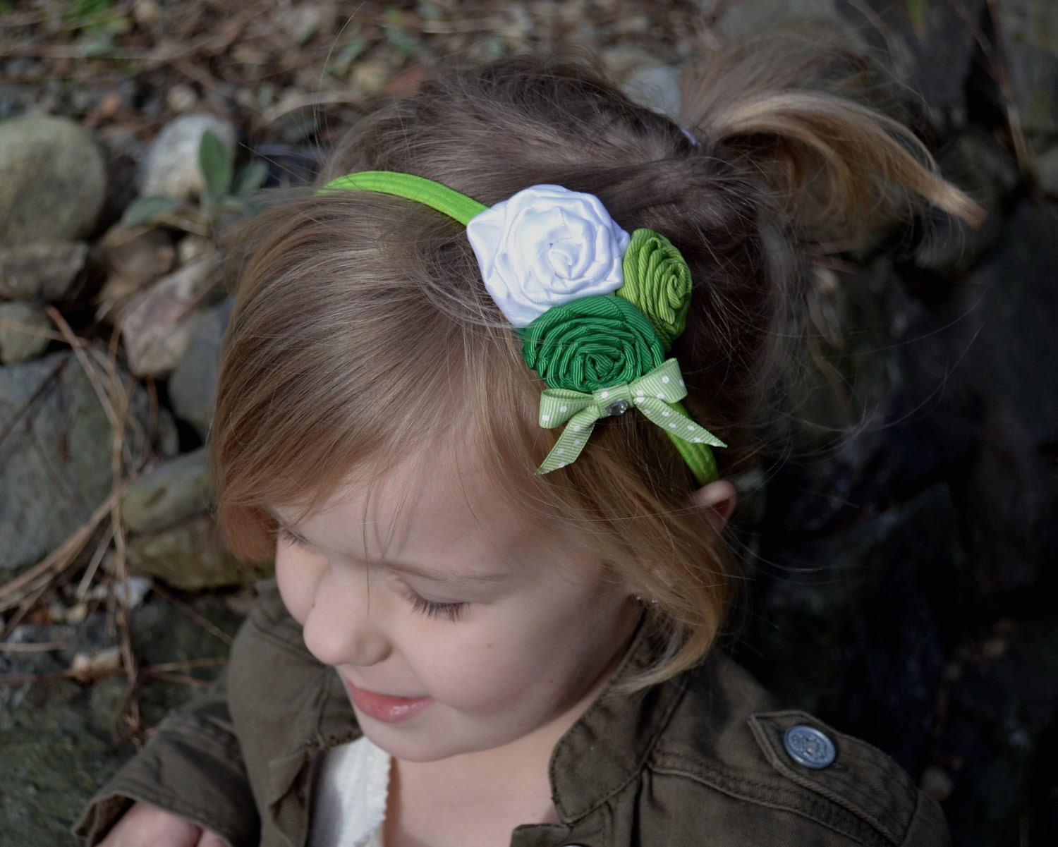 Girls St. Patricks day green rossette headband. OOAK