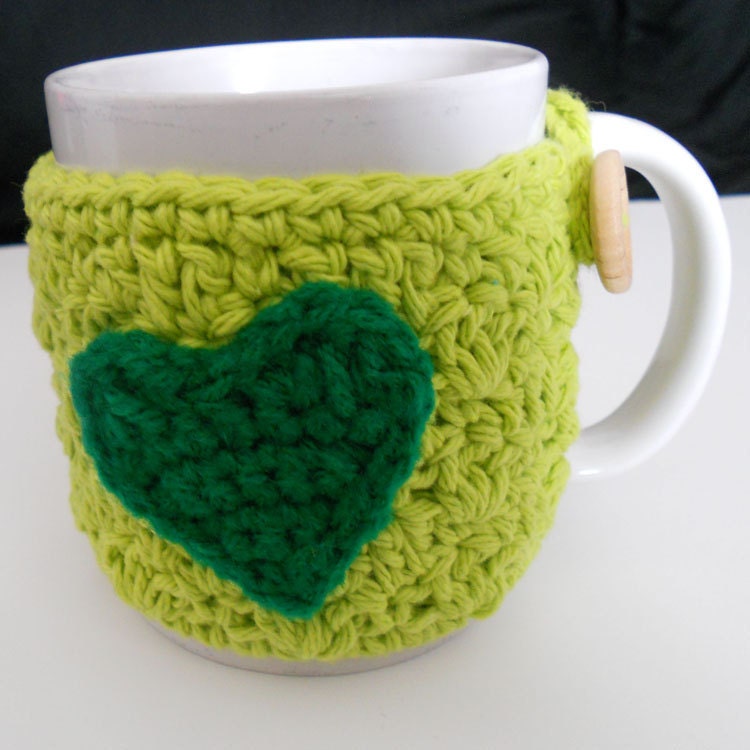 SPRING SALE Crochet Coffee Cup Cozy, Mug Cozy, Lime, Green, Heart, Tea Cozy