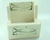 Fish Print Stoneware White Business Card holder with Green highlighted Fish